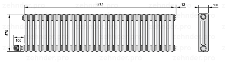 Схема (чертеж) Радиатор Zehnder Charleston 3057/32 №V004 Белый глянцевый RAL 9016